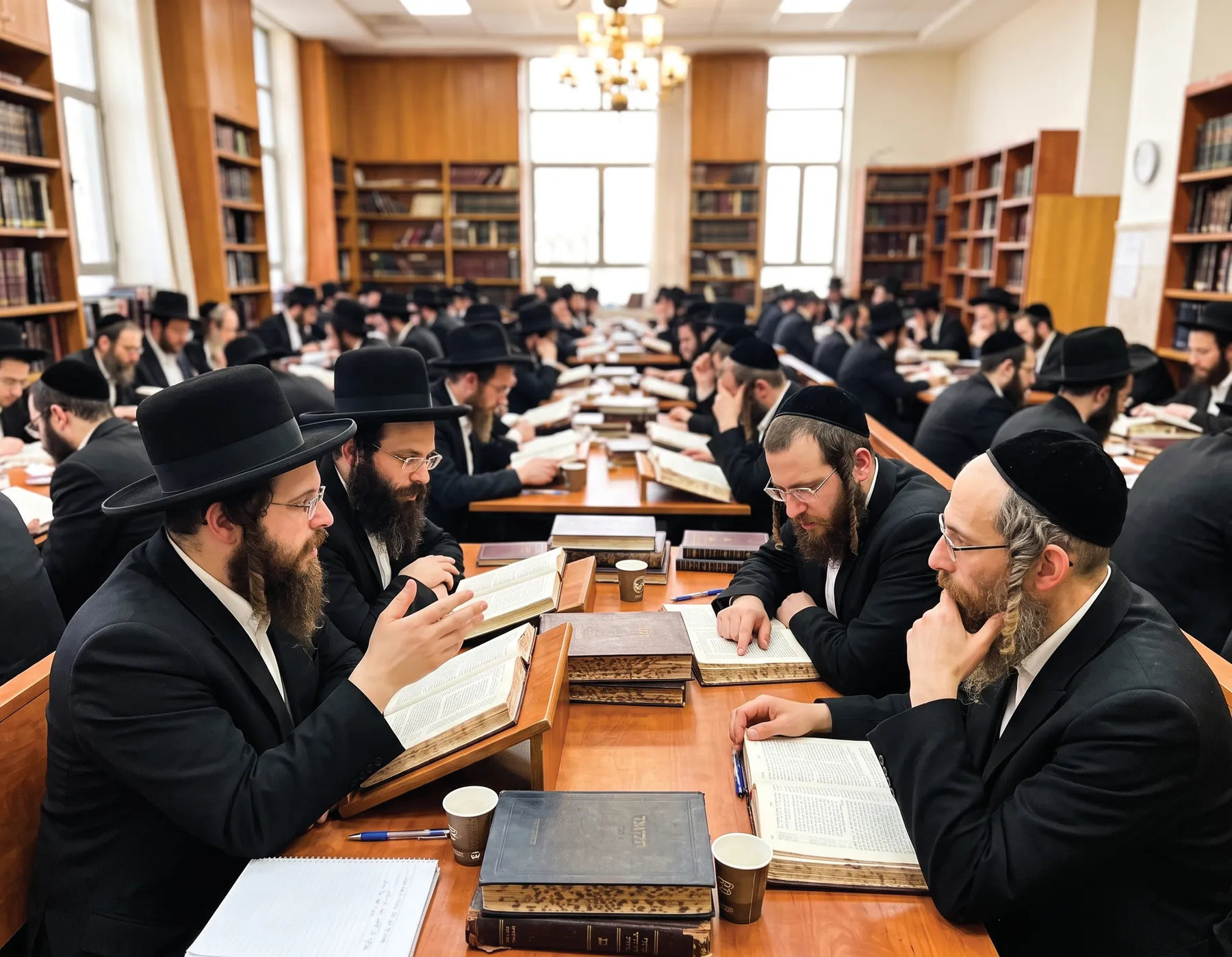 אברכים לומדים בכולל, בין ארונות ספרים